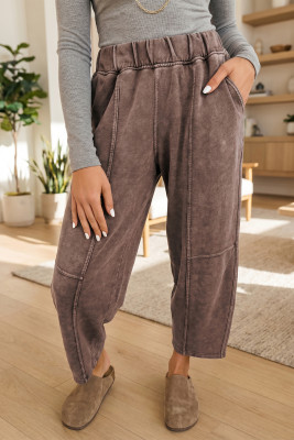 Coffee Mineral Wash Seam Detail Elastic Waist Barrel Pants LC7714757-P1017