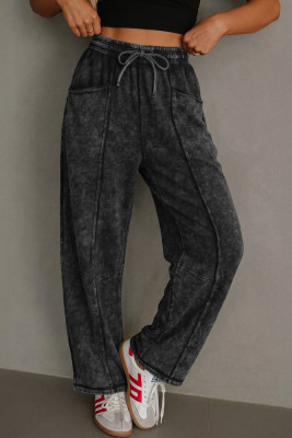 Black Mineral Wash Raw Seam Drawstring Elastic Waist Barrel Pants LC7714619-P2