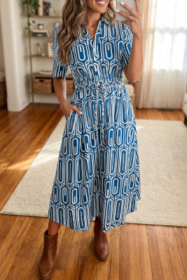Blue Geometric Print Short Sleeve Drawstring Shirt Collar Dress LC6130048-P520