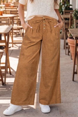 Thai Curry Elastic Waist Wooden Button Placket Ankle Length Wide Leg Pants LC7714805-P1717