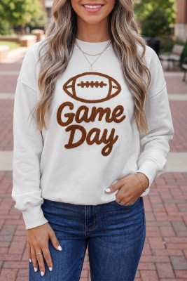 White Embroidered Slogan Game Day Rugby Pattern Crewneck Sweatshirt LC25321621-P1
