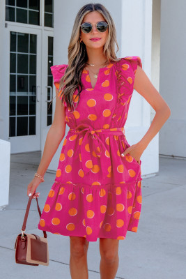Rose Double Polka Dot V Neck Ruffled Short Sleeve Dress LC6128936-P620