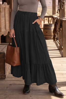 Black Elastic Waist Ruffled Tiered Flared Denim Maxi Skirt LC7811291-P2