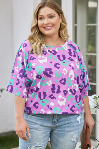 Plus Size Purple Leopard Kiss Print  Short Sleeve Tee