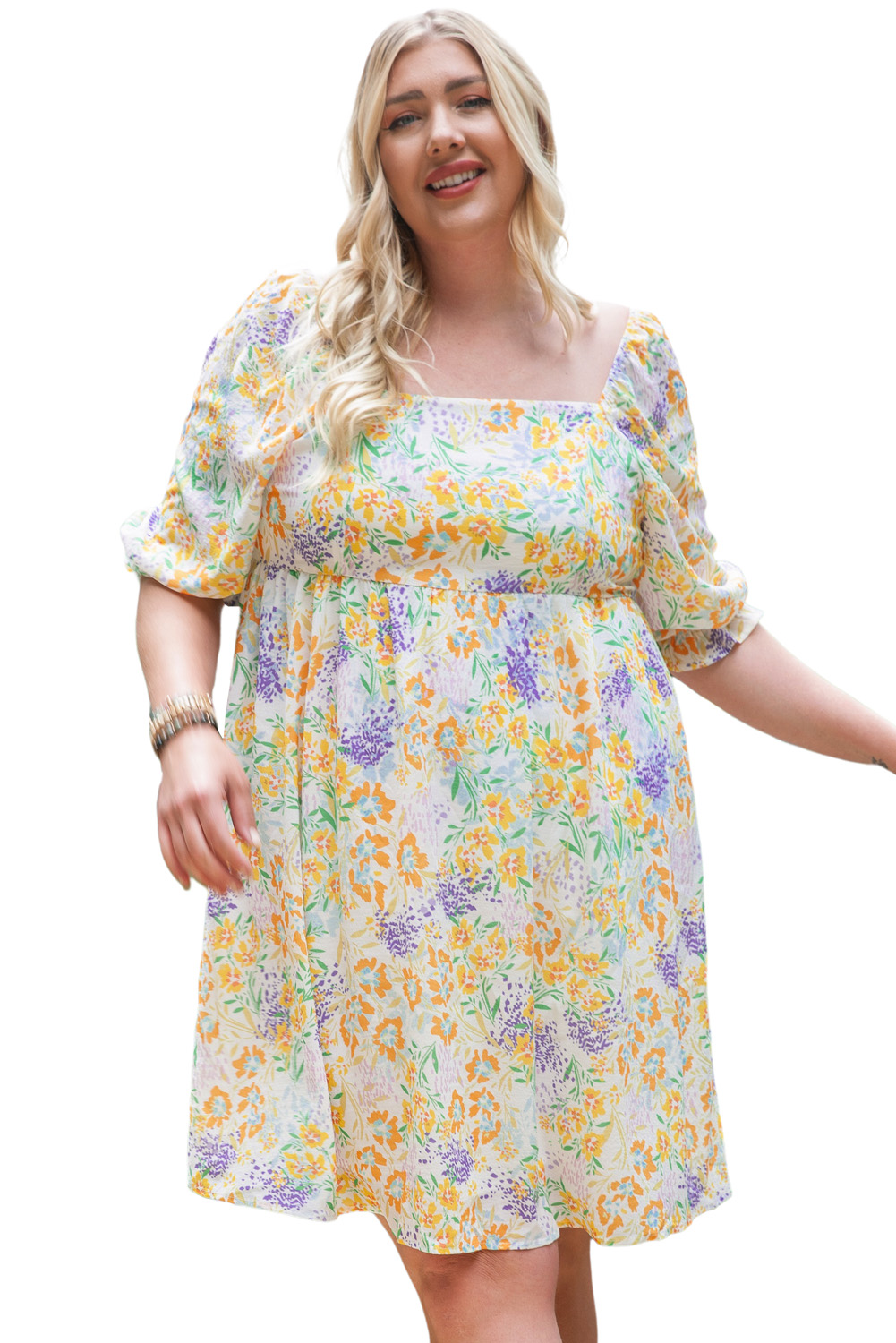 Plus Size Multicolor  Floral Print Ruffle Bubble Sleeve Babydoll Dress