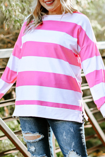 Plus Size Pink Striped Side Slit  Sweatshirt