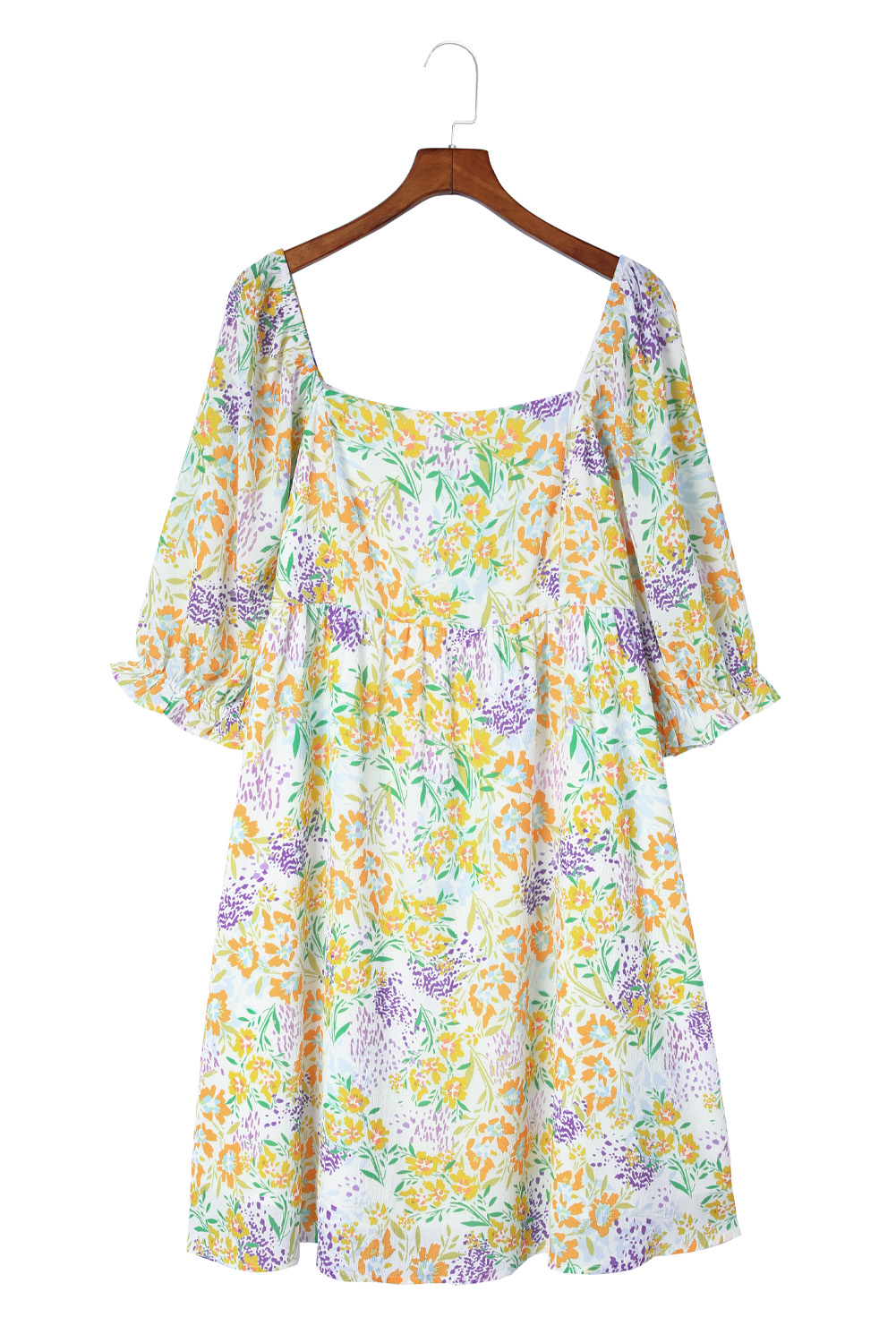 Plus Size Multicolor  Floral Print Ruffle Bubble Sleeve Babydoll Dress