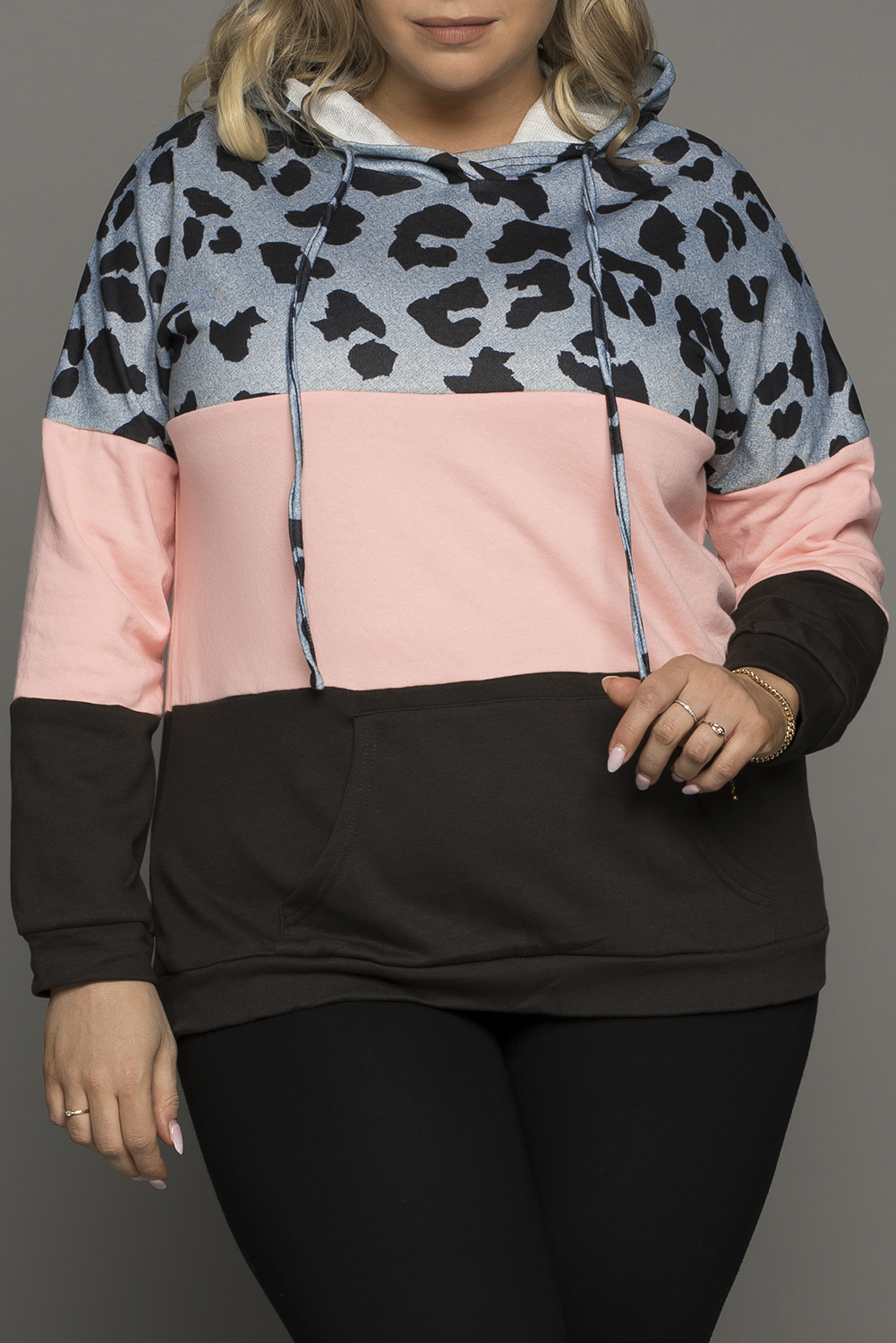 Plus Size Pink  Leopard Colorblock Splicing Hoodie with Pocket