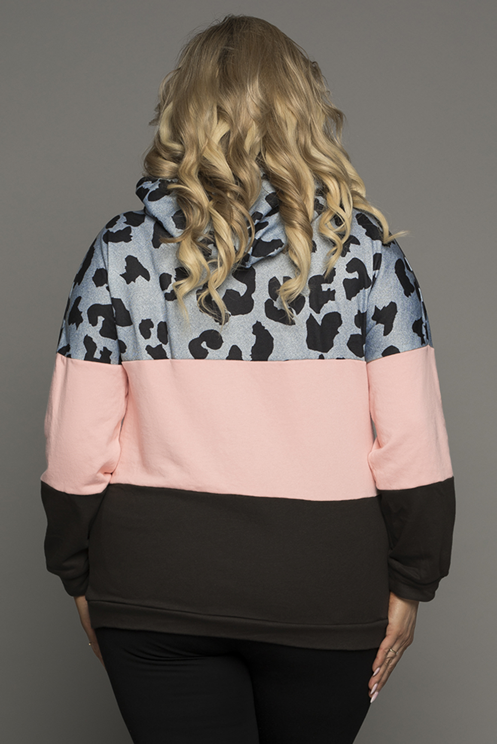 Plus Size Pink  Leopard Colorblock Splicing Hoodie with Pocket