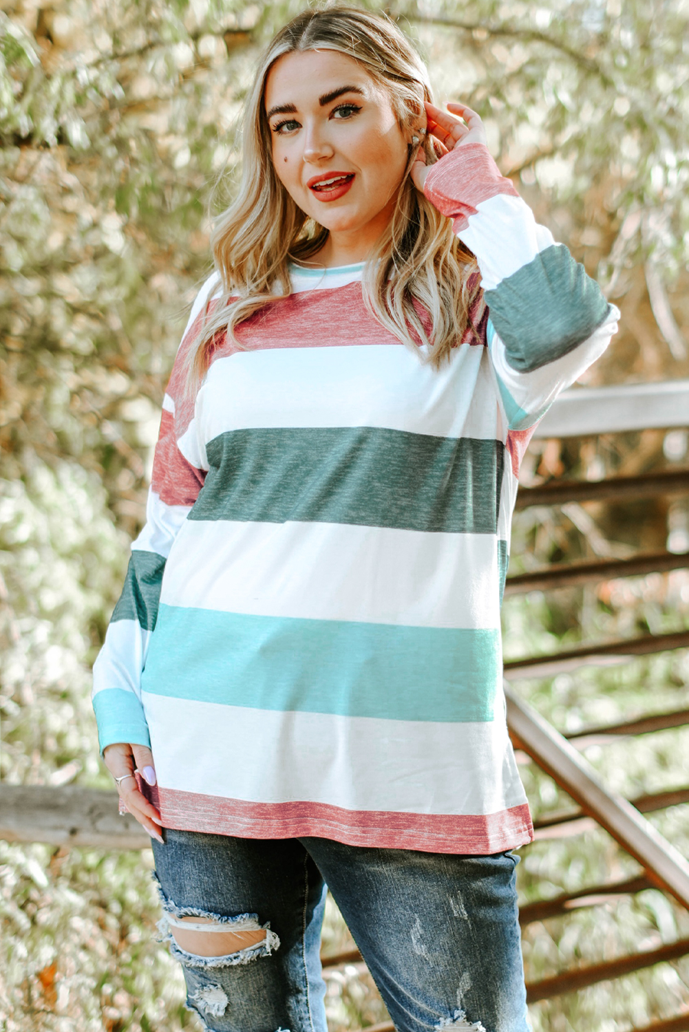Plus Size Green  Colorblock Pullover Top