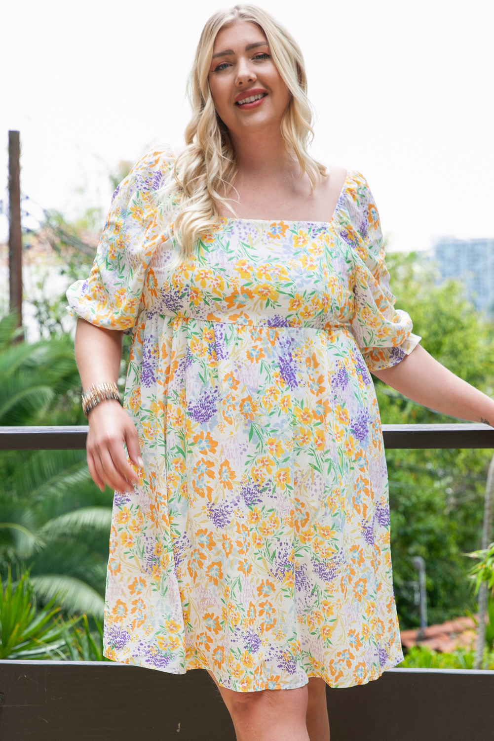 Plus Size Multicolor  Floral Print Ruffle Bubble Sleeve Babydoll Dress