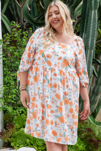 Plus Size Orange  Square Neck Tie Sleeve Floral Dress