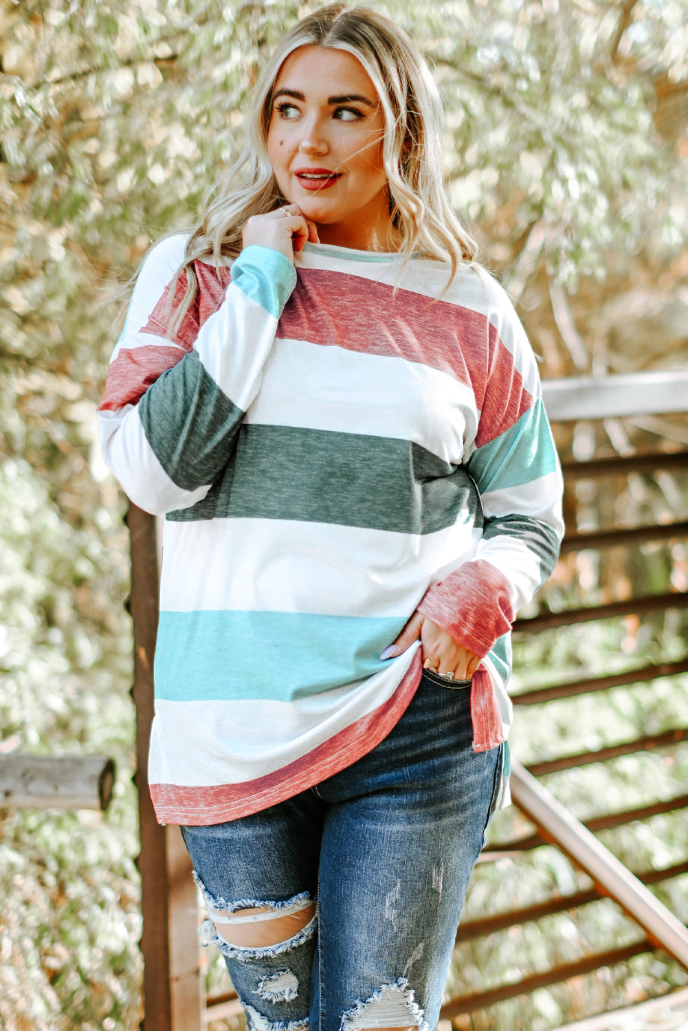Plus Size Green  Colorblock Pullover Top