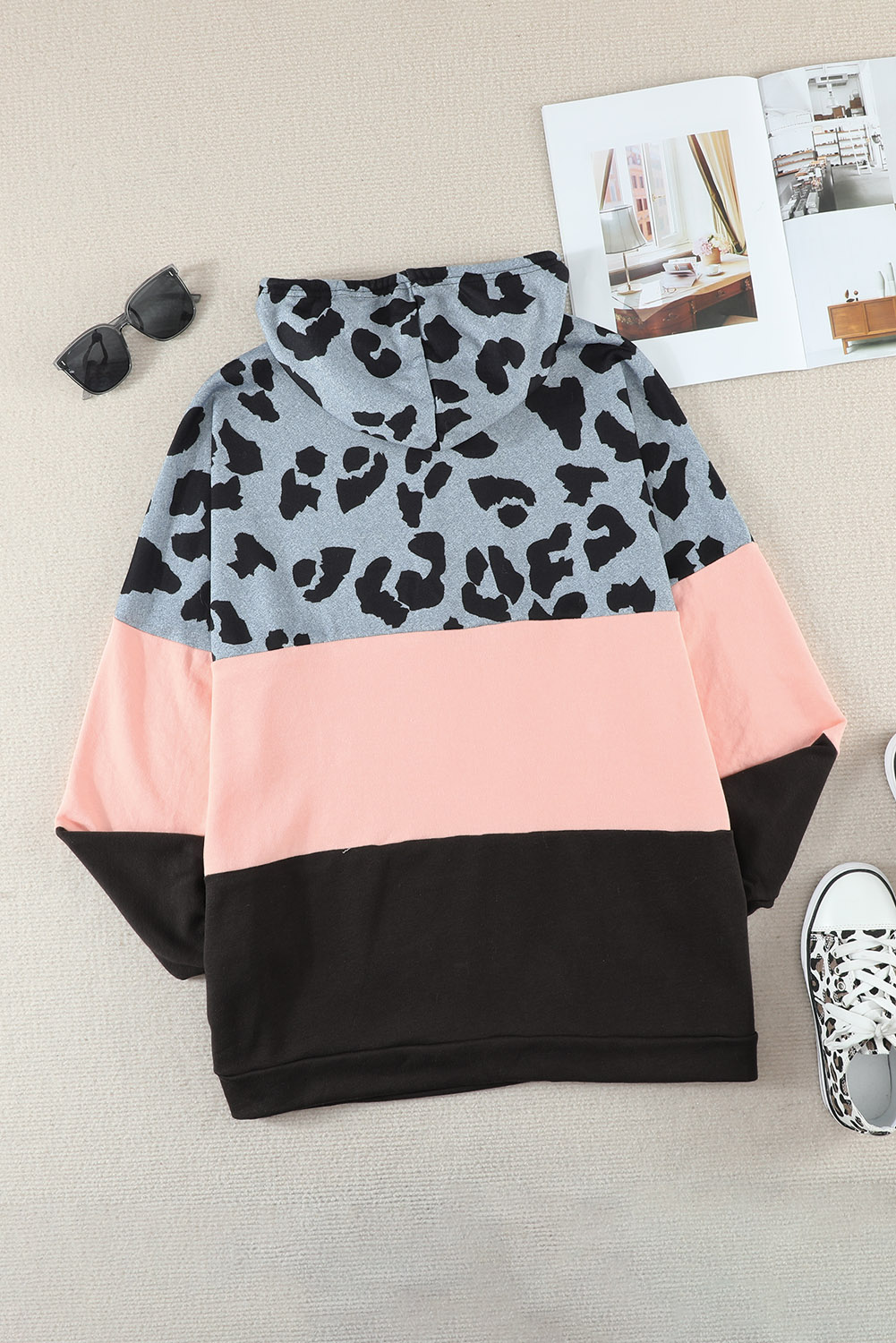 Plus Size Pink  Leopard Colorblock Splicing Hoodie with Pocket
