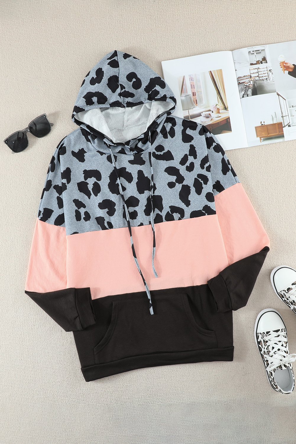 Plus Size Pink  Leopard Colorblock Splicing Hoodie with Pocket
