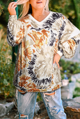 Plus Size Multicolor  Tie Dye V Neck Sweatshirt
