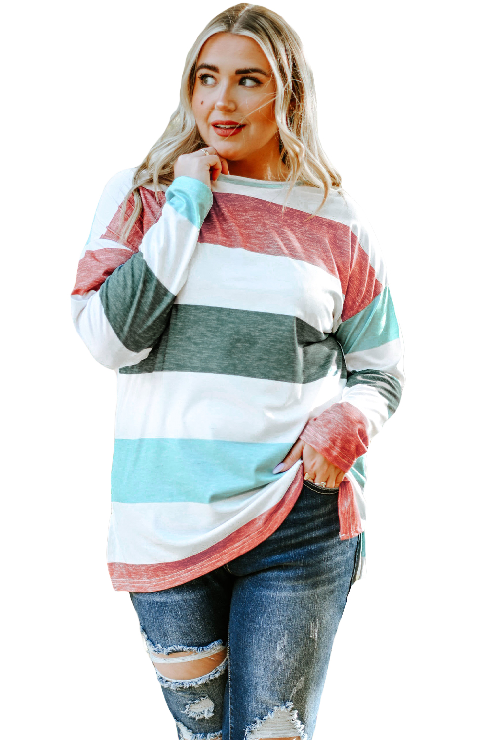 Plus Size Green  Colorblock Pullover Top