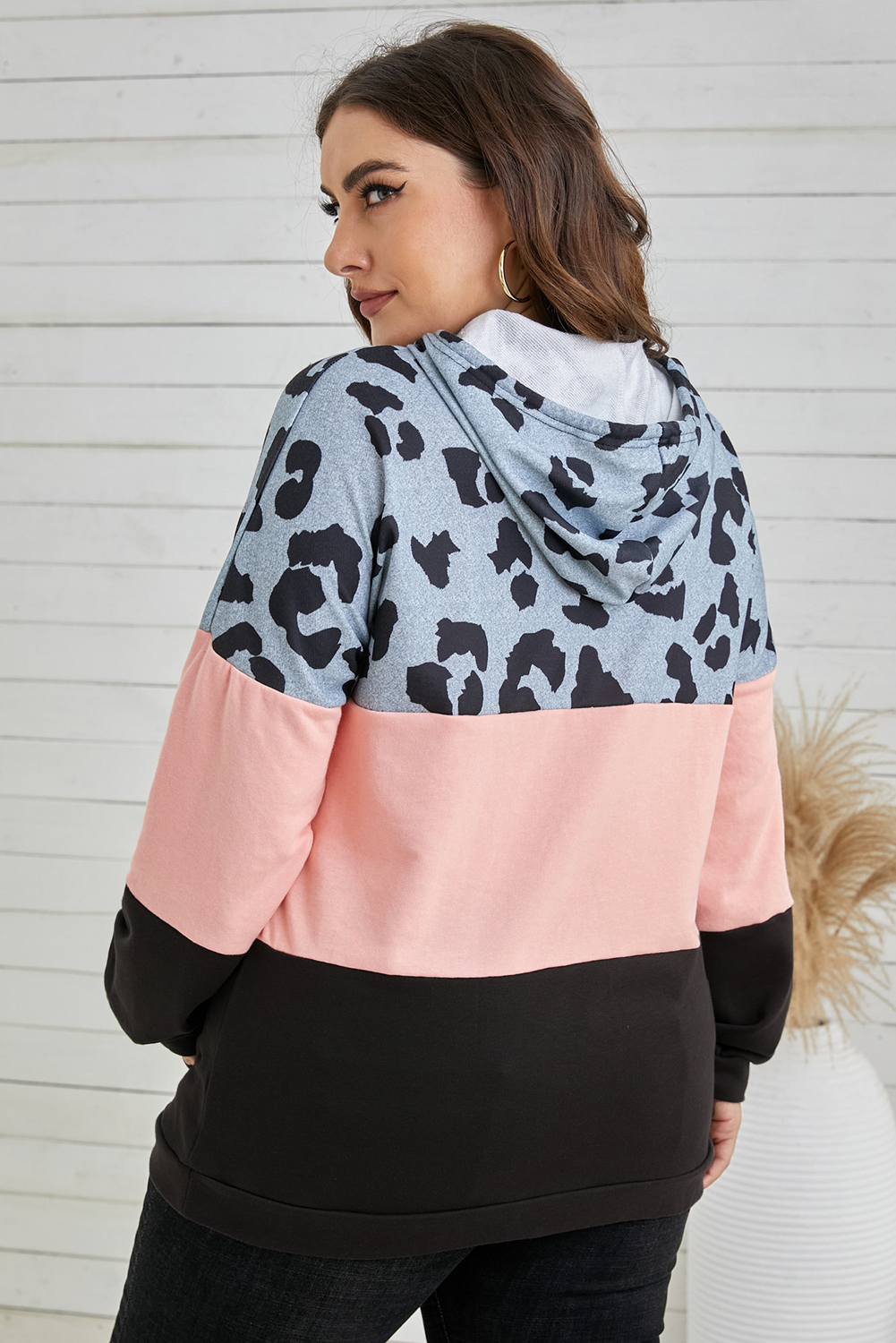 Plus Size Pink  Leopard Colorblock Splicing Hoodie with Pocket