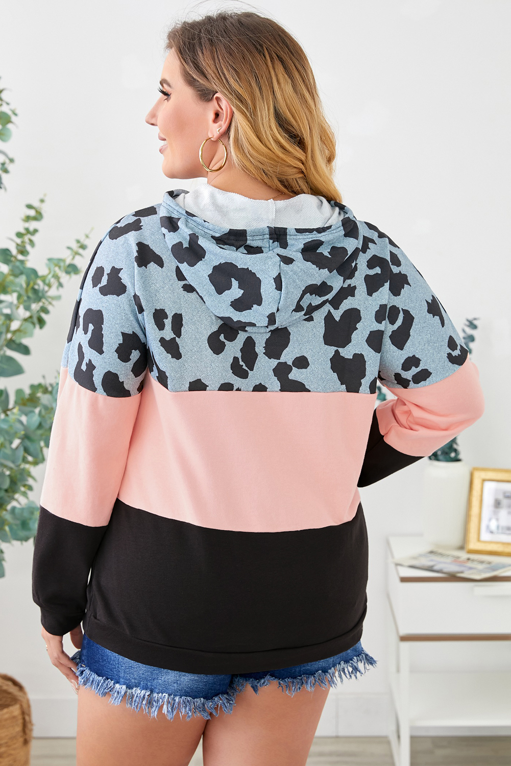 Plus Size Pink  Leopard Colorblock Splicing Hoodie with Pocket