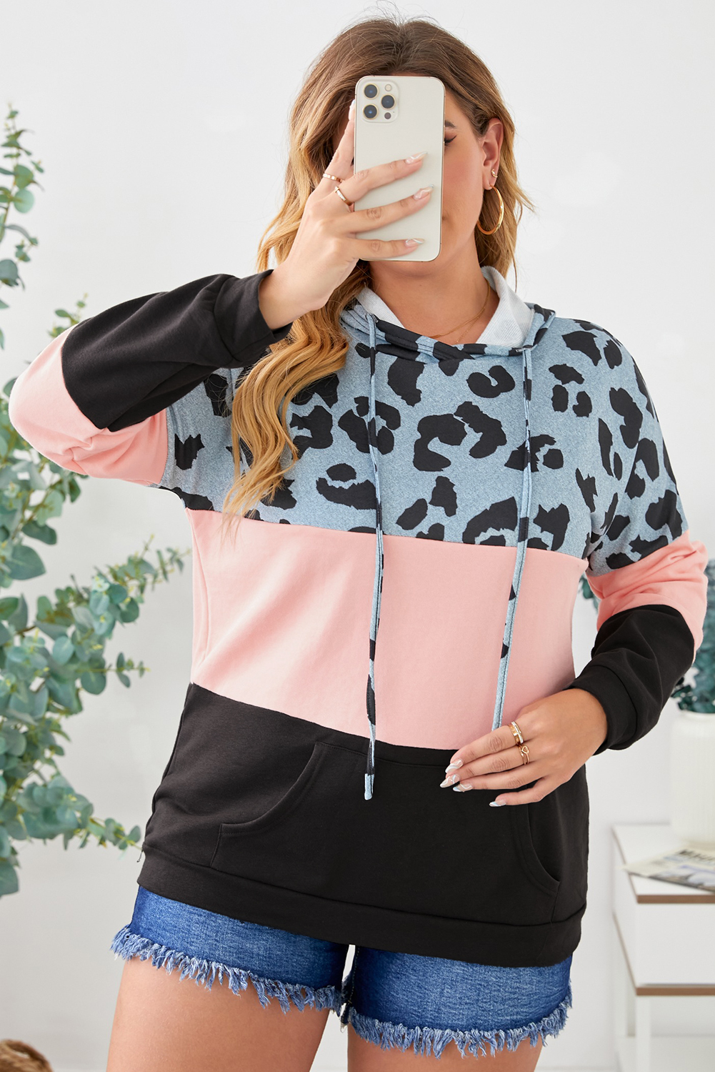 Plus Size Pink  Leopard Colorblock Splicing Hoodie with Pocket