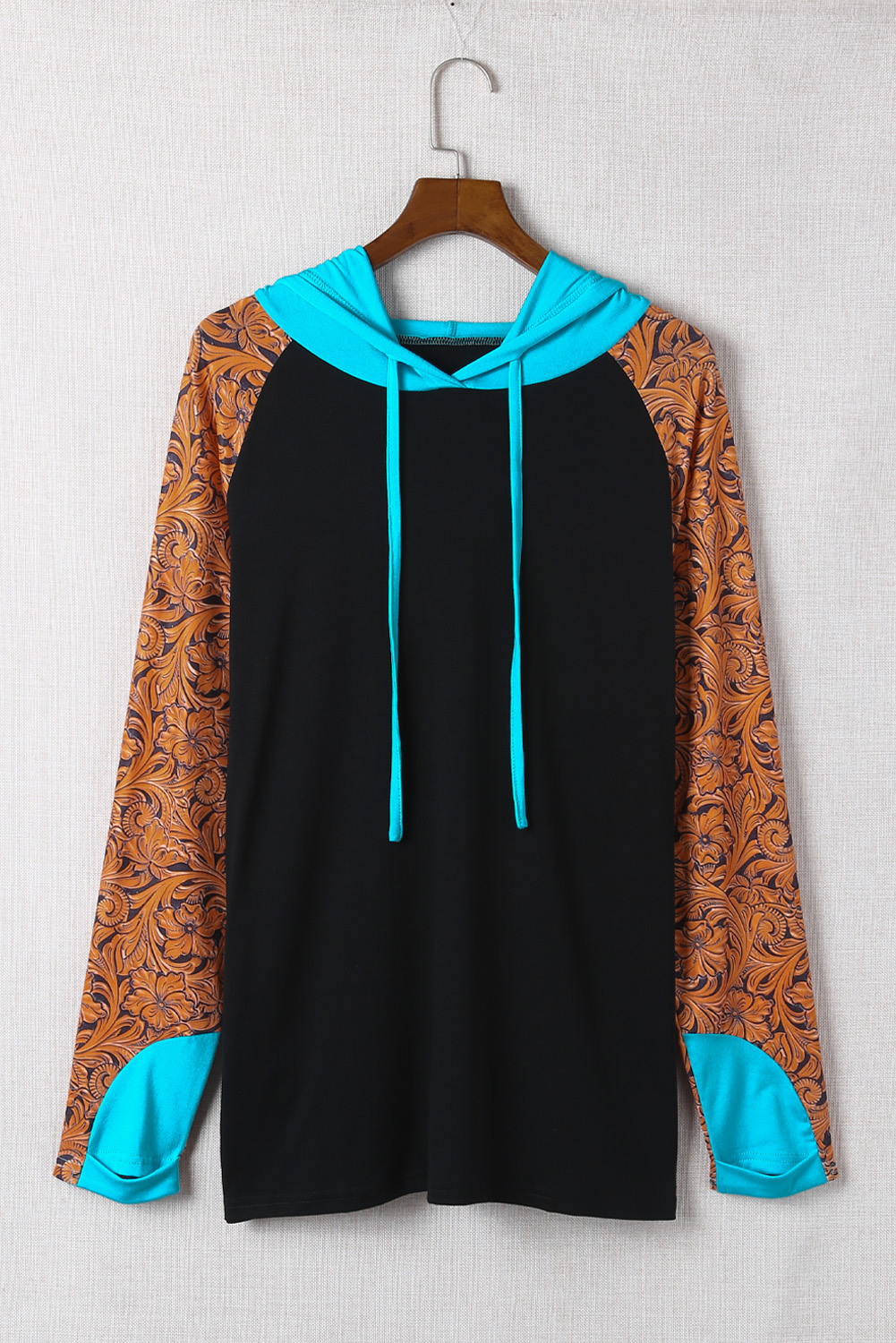 Plus Size Black Western Print Color Block  Hoodie