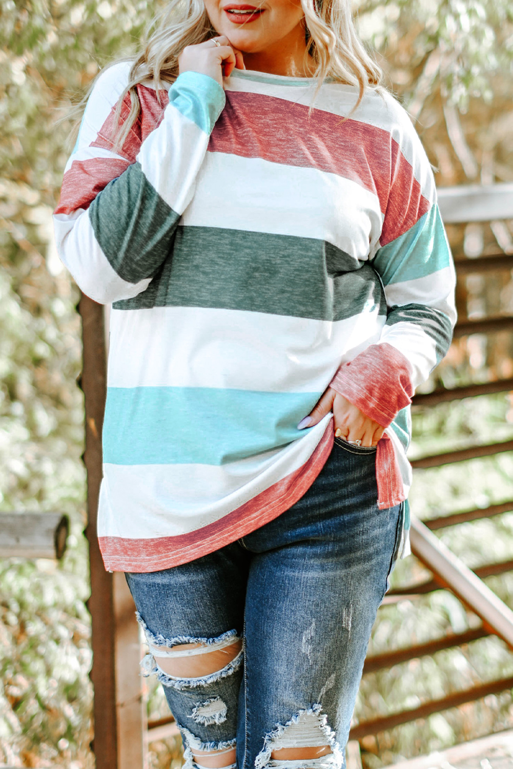 Plus Size Green  Colorblock Pullover Top