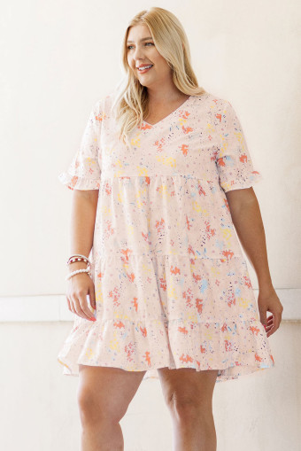Plus Size Pink  Floral Pattern Babydoll Swing Dress