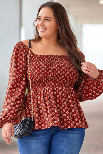 Plus Size Fiery Red  Square Neck Printed Peplum Top
