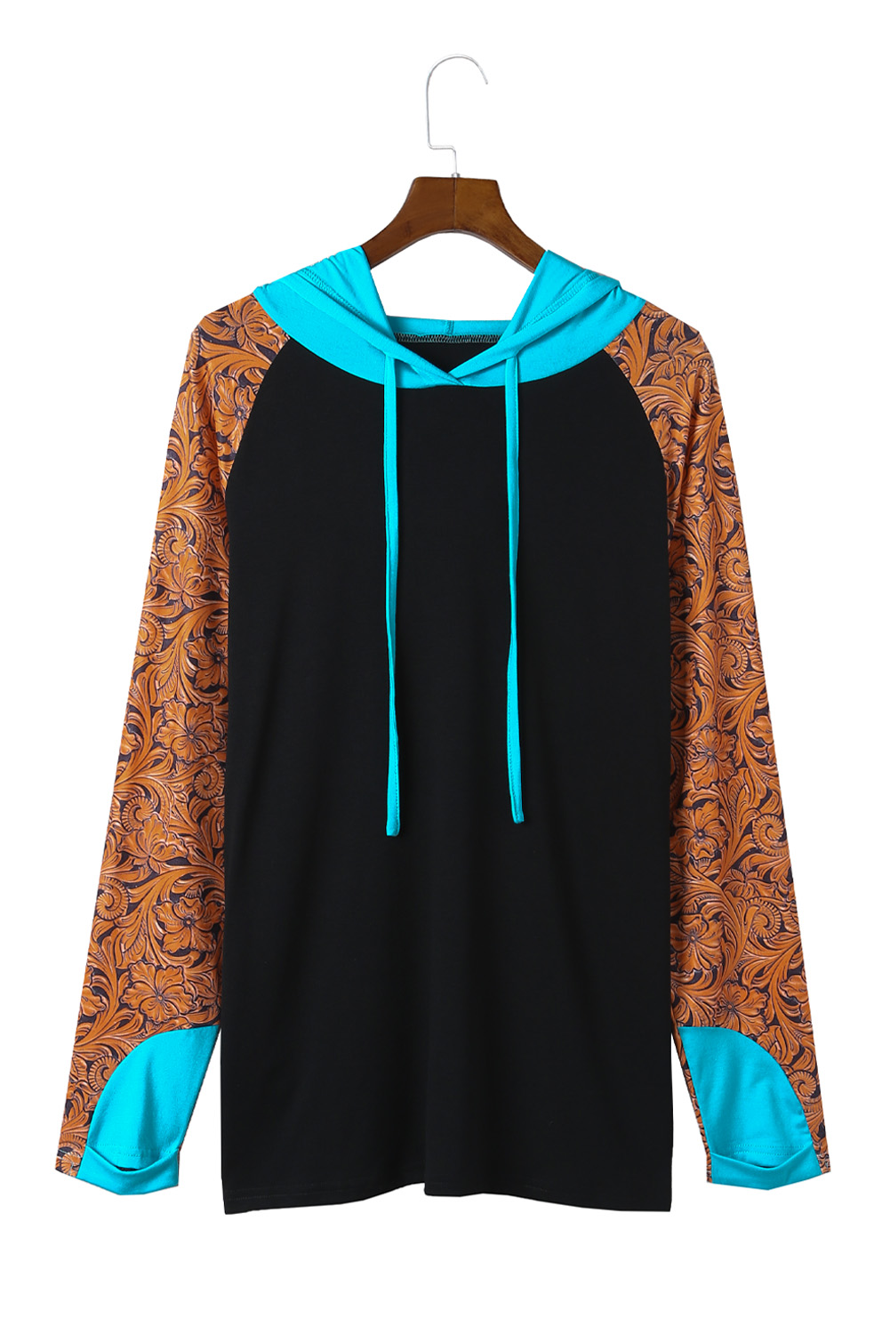 Plus Size Black Western Print Color Block  Hoodie