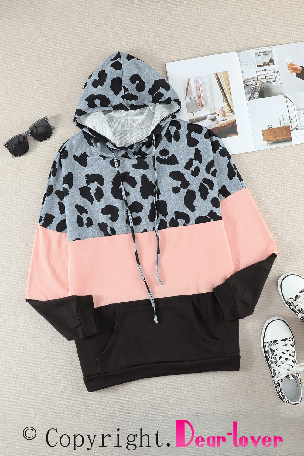 Plus Size Pink  Leopard Colorblock Splicing Hoodie with Pocket