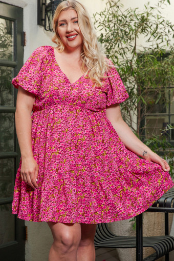 Plus Size Rose  Floral V Neck Babydoll Dress