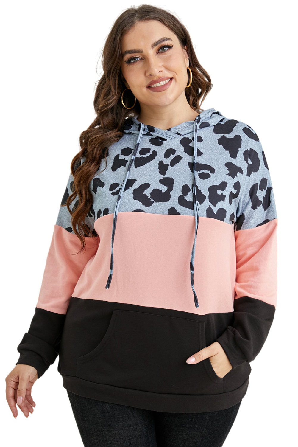 Plus Size Pink  Leopard Colorblock Splicing Hoodie with Pocket