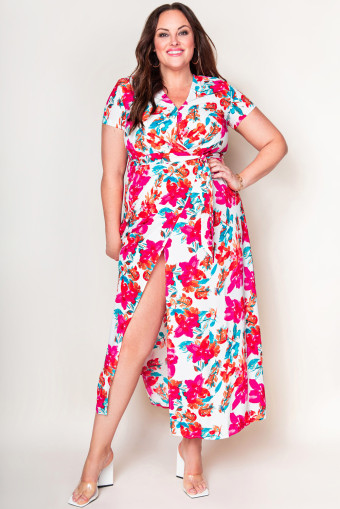 Plus Size Rose  Floral Print Wrap Slit Dress