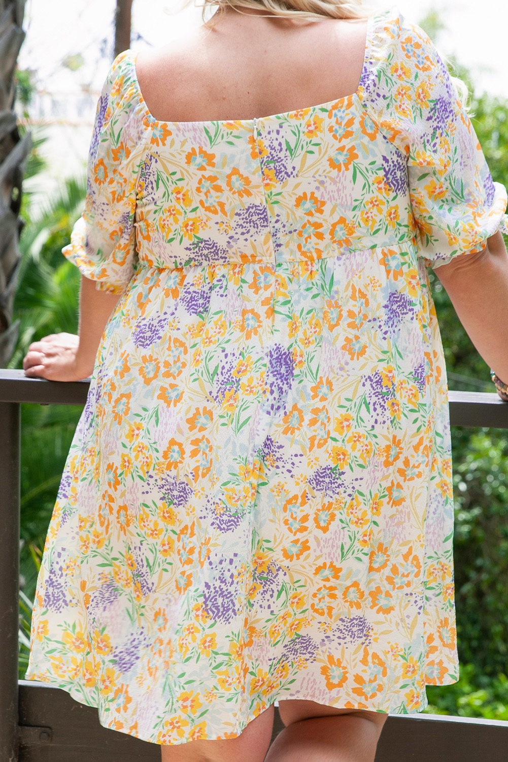 Plus Size Multicolor  Floral Print Ruffle Bubble Sleeve Babydoll Dress