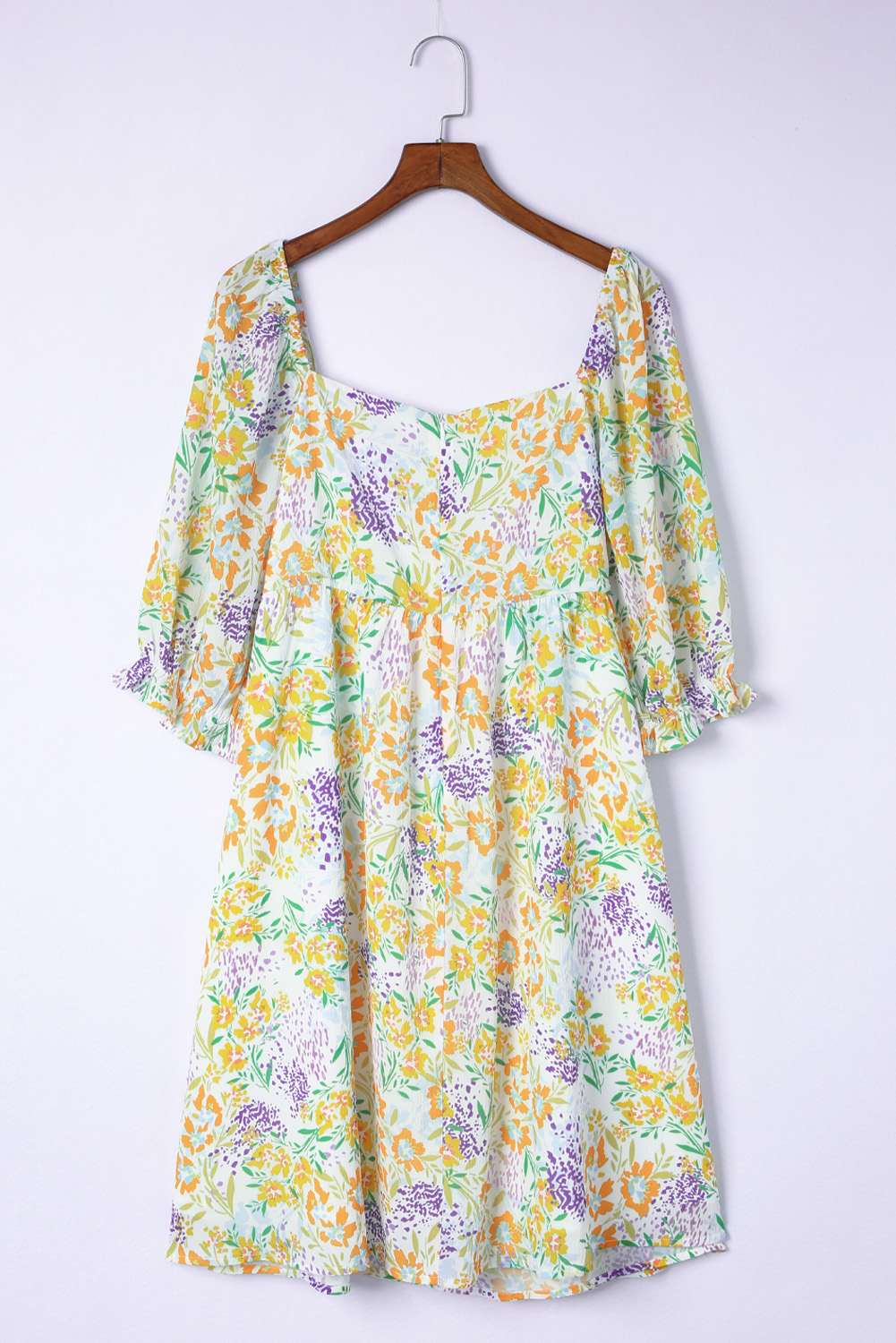 Plus Size Multicolor  Floral Print Ruffle Bubble Sleeve Babydoll Dress