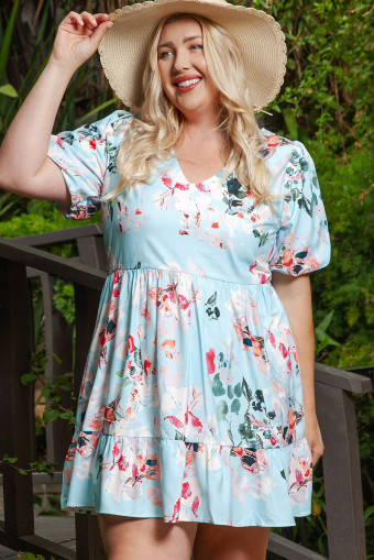 Plus Size Sky Blue Floral Print Ruffled Puff Sleeve  Mini Dress