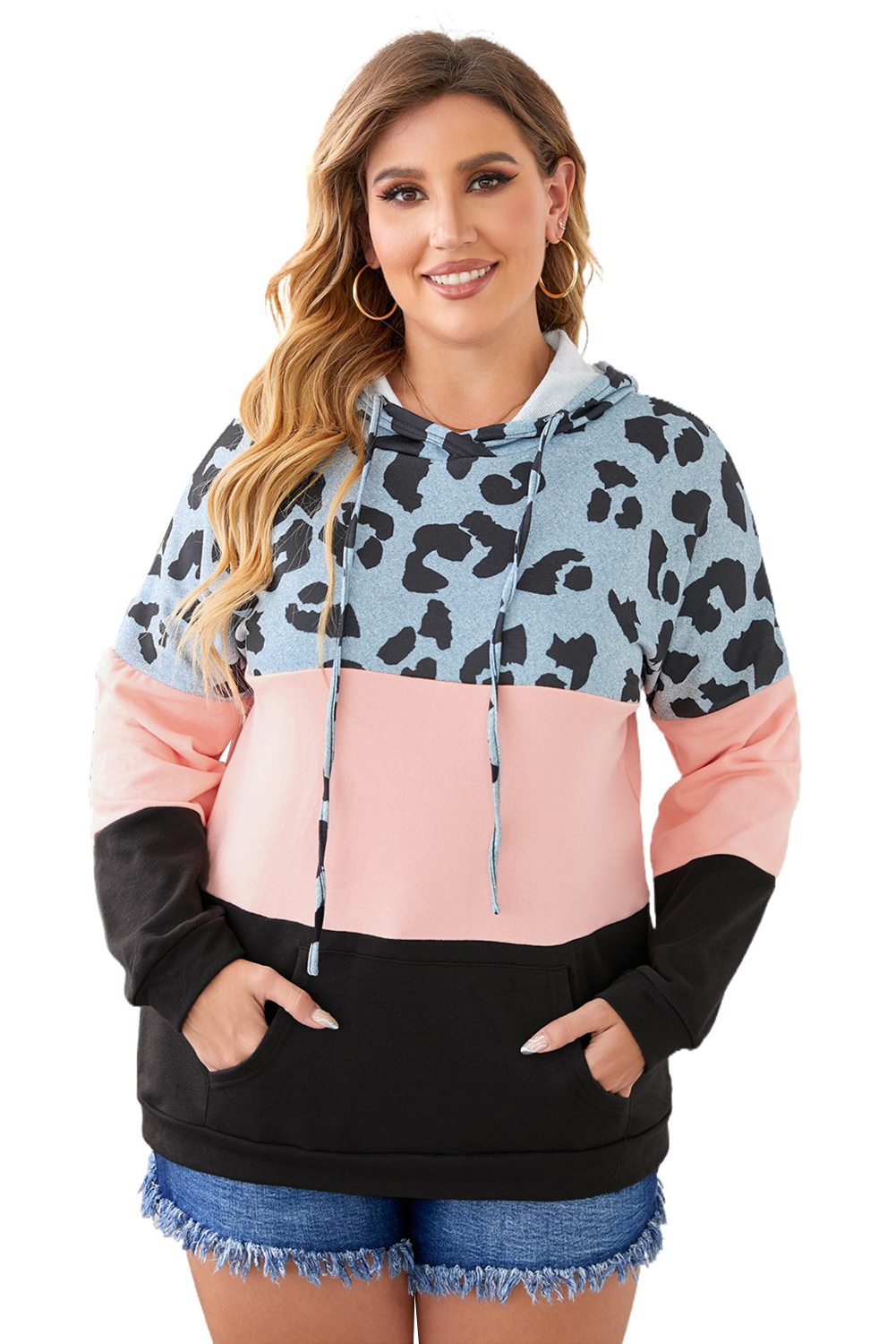 Plus Size Pink  Leopard Colorblock Splicing Hoodie with Pocket