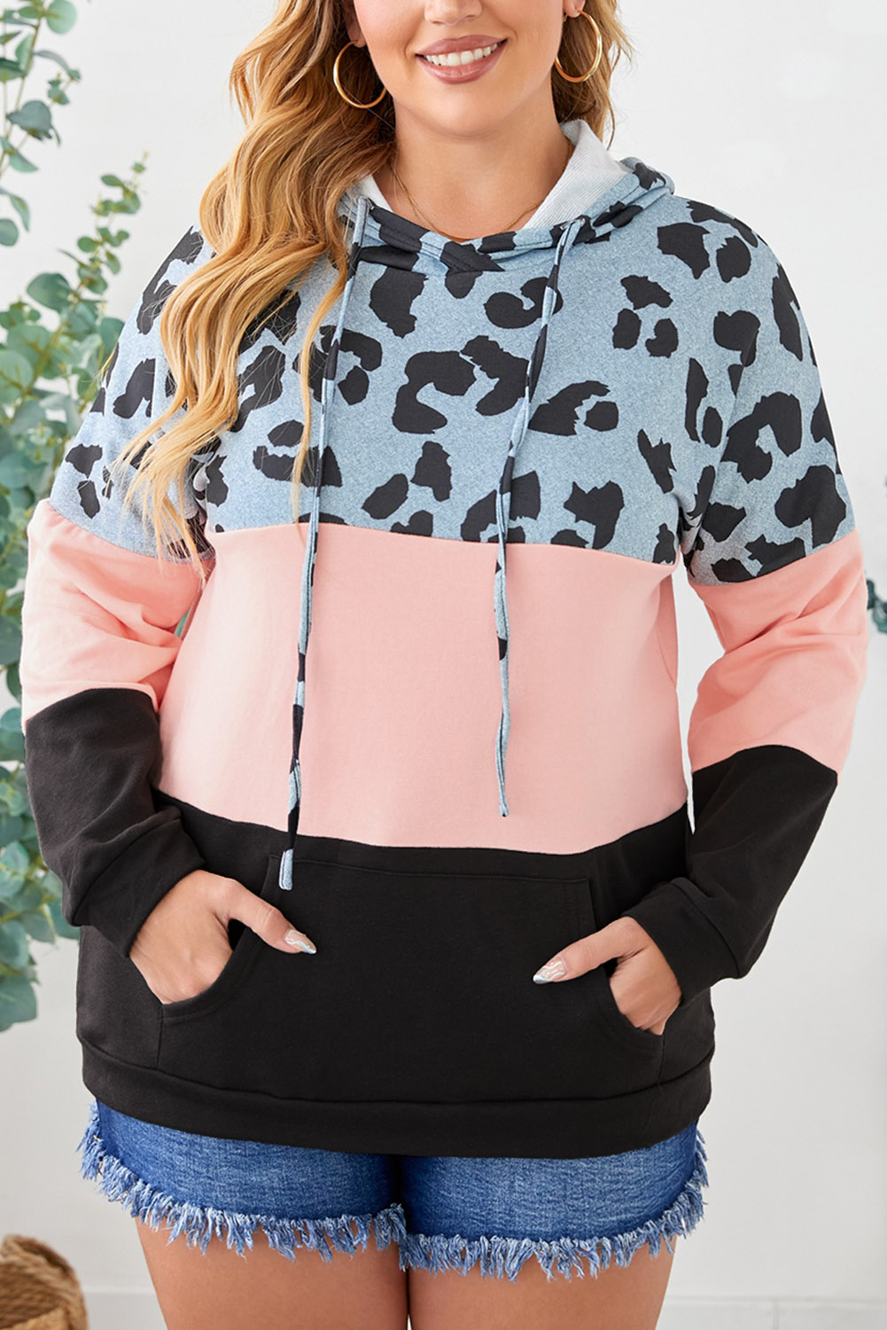 Plus Size Pink  Leopard Colorblock Splicing Hoodie with Pocket