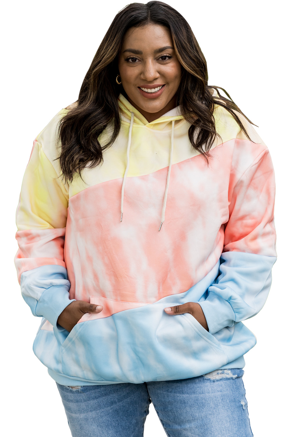 Plus Size Sky Blue Colorblock Kangaroo Pocket  Hoodie
