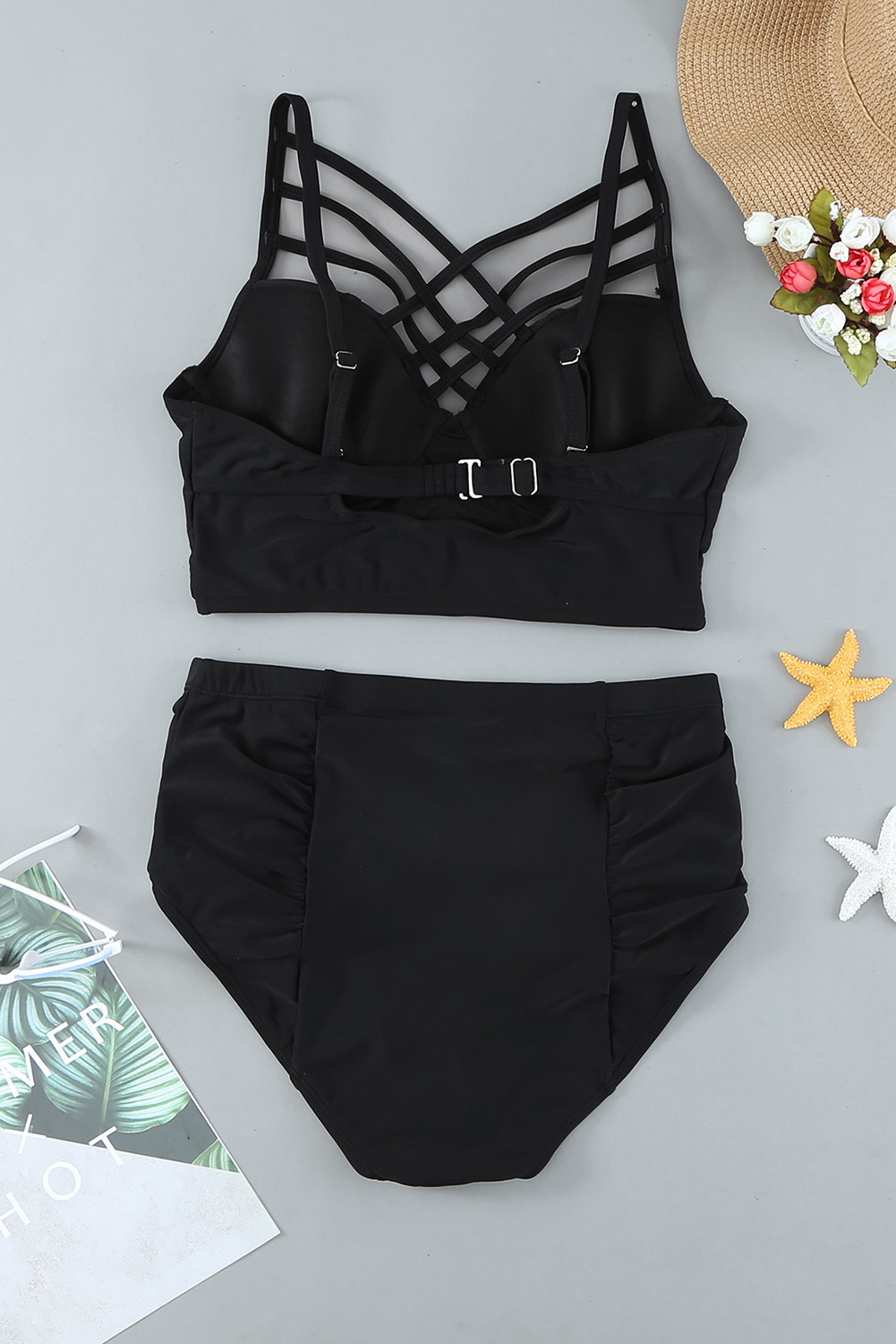 Plus Size Black Strappy Neck Detail High Waist  Swimsuit