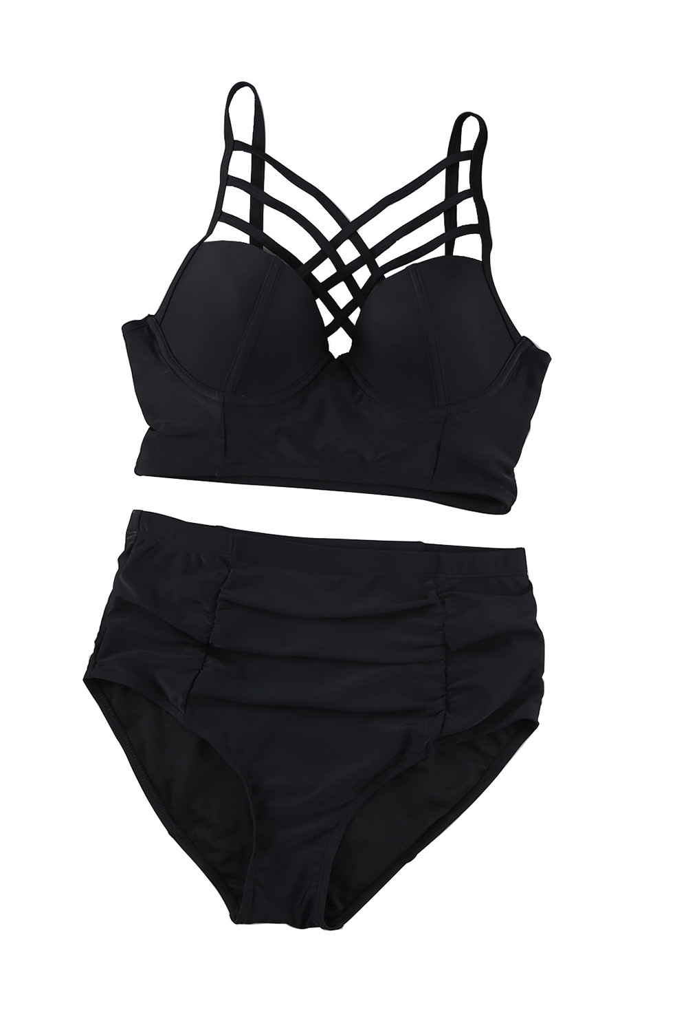 Plus Size Black Strappy Neck Detail High Waist  Swimsuit
