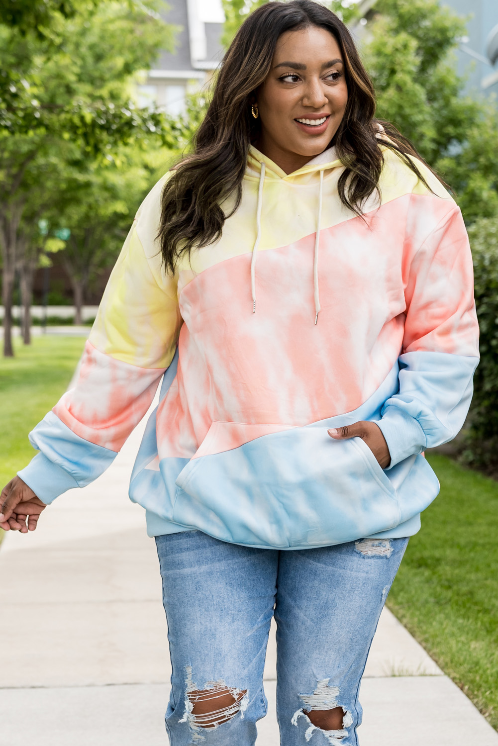 Plus Size Sky Blue Colorblock Kangaroo Pocket  Hoodie