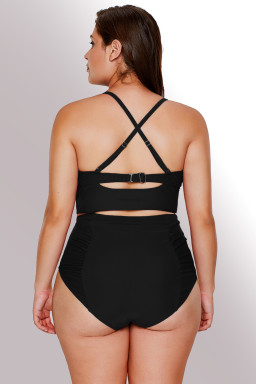 Plus Size Black Strappy Neck Detail High Waist  Swimsuit