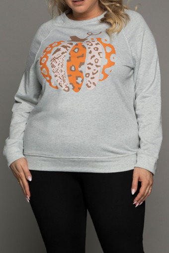 Plus Size Gray Halloween Pumpkin Leopard Print  Sweatshirt