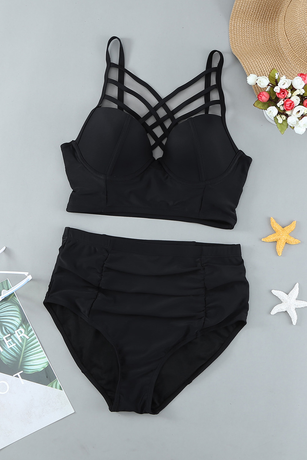 Plus Size Black Strappy Neck Detail High Waist  Swimsuit