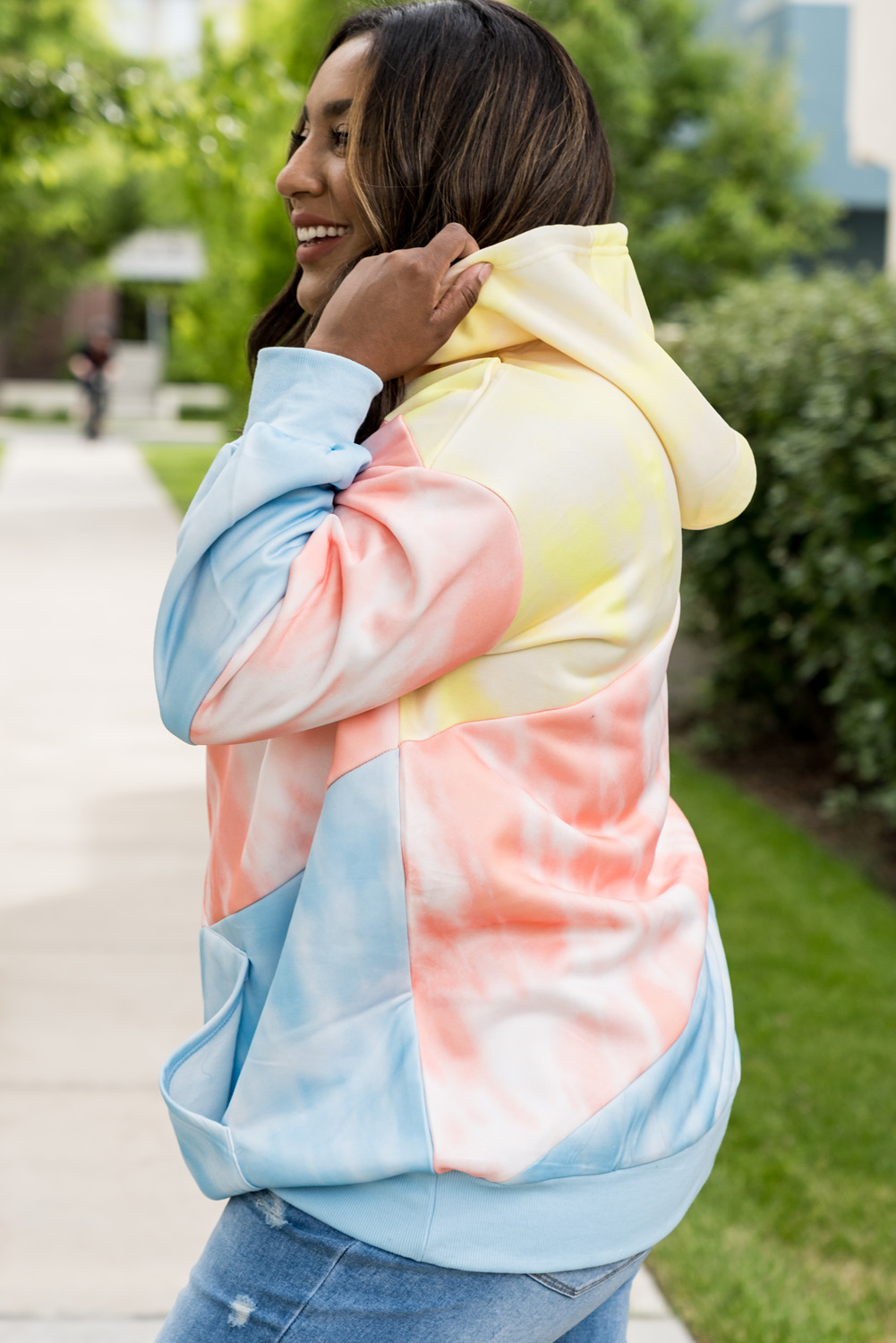 Plus Size Sky Blue Colorblock Kangaroo Pocket  Hoodie