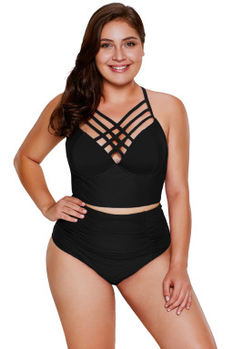 Plus Size Black Strappy Neck Detail High Waist  Swimsuit