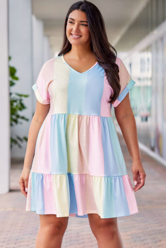 Plus Size Multicolor  Color Block Tiered High Waist Mini Dress