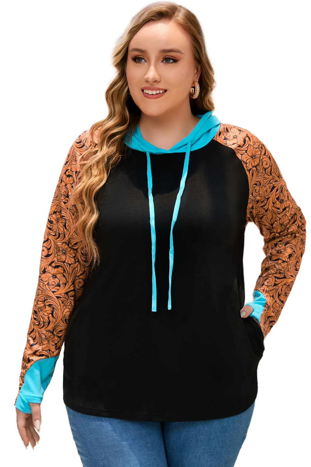 Plus Size Black Western Print Color Block  Hoodie