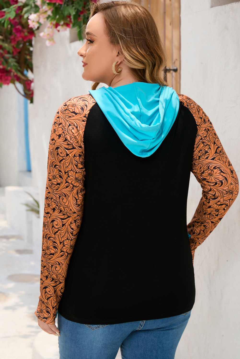 Plus Size Black Western Print Color Block  Hoodie